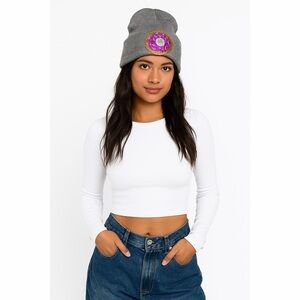 TALLY WEIJL | Sequin Donut Patch Jewel Tone Comical Cap Marled Knit Hat Beanie